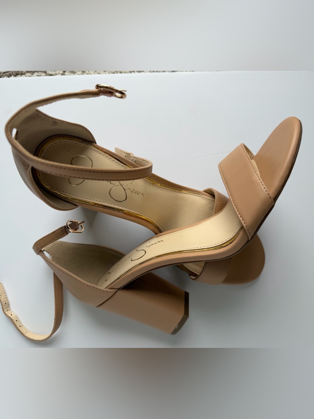 Jessica Simpson Tan Block Heel Sandals with Ankle Strap